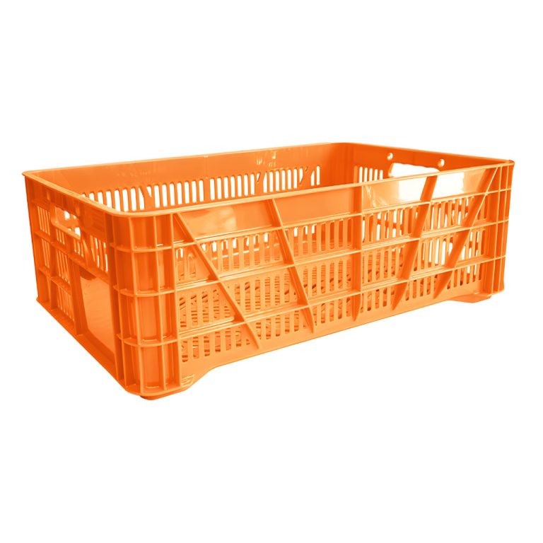 Caja plástica agrícola California calada 20 naranja, 59.8 x 40 x 20.2 cm, capacidad 20 kg, paredes y piso calados para frutas y hortalizas.