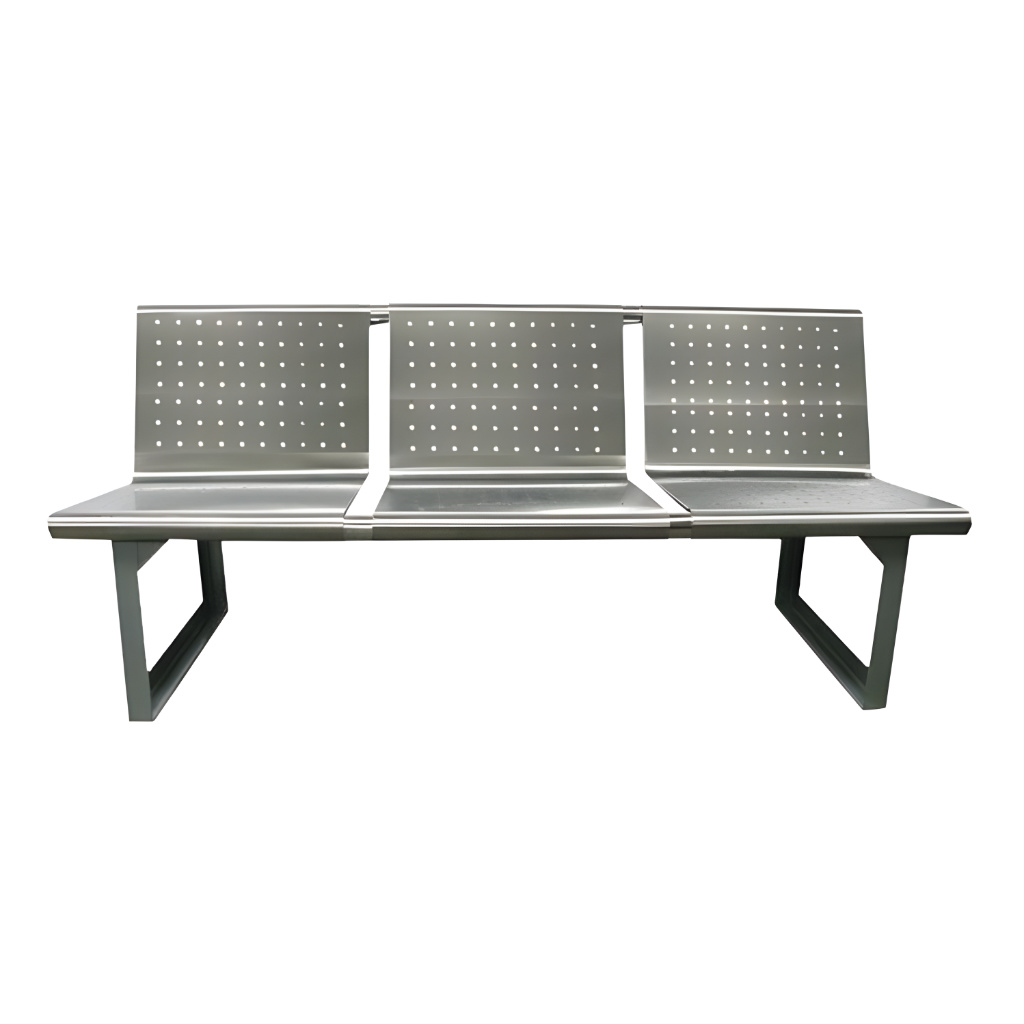 Banca de acero inoxidable Barcelona modelo 801111 de 3 plazas, sin descansabrazos, con asiento y respaldo perforados en acero pulido, dimensiones 170 × 60 × 80 cm, pensada para parques, plazas y zonas de espera.