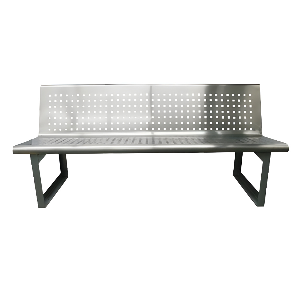 Banca de acero inoxidable Berlín modelo 803111 con respaldo alto, 170 × 60 × 79 cm, asiento y respaldo punzonados para ventilación y drenaje, diseñada para 3 personas en áreas exteriores.