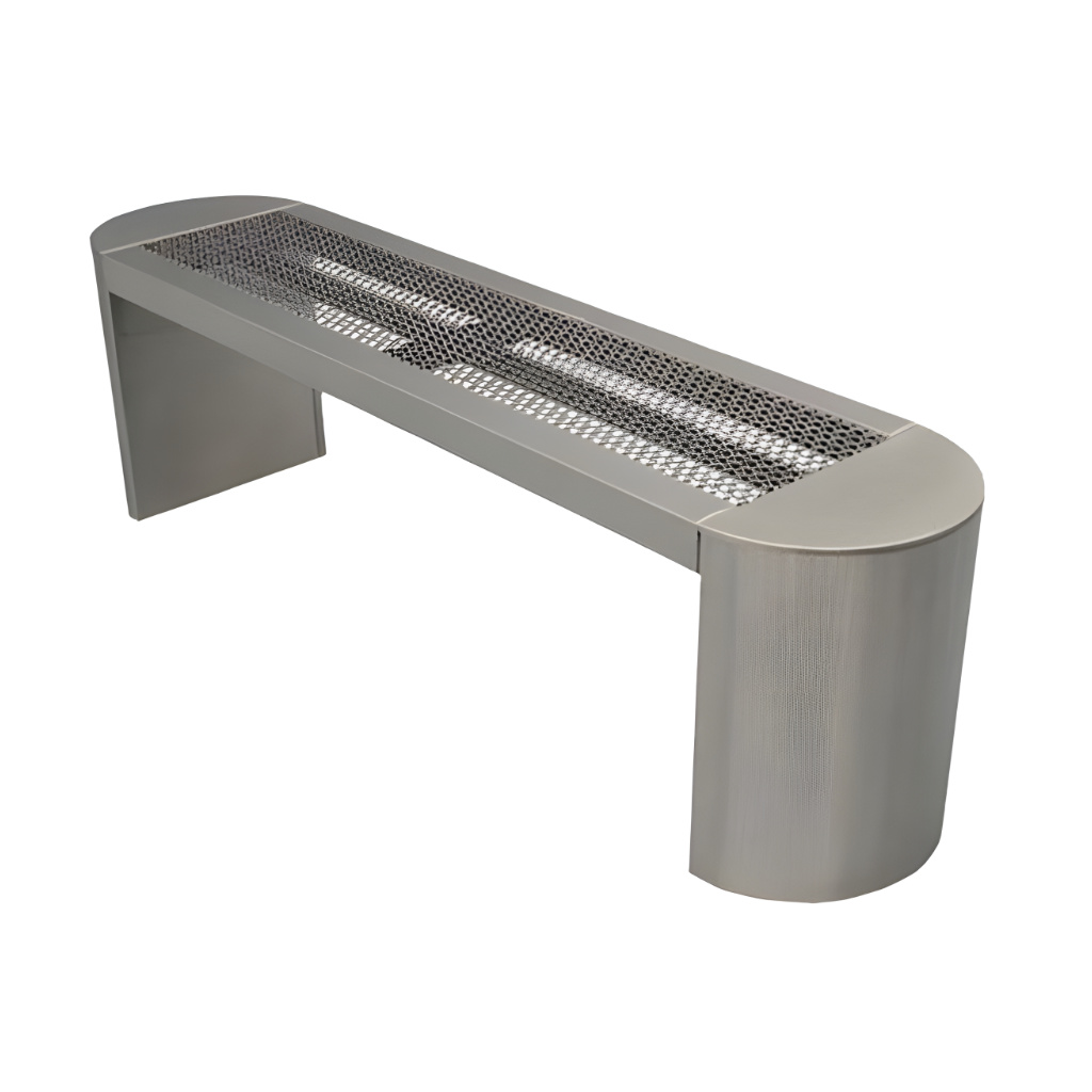 Banca de acero inoxidable Florencia modelo 802111 para exterior, fabricada en acero inoxidable pulido con asiento punzonado, medidas 175 × 40 × 50 cm y capacidad para 3 personas de lado.