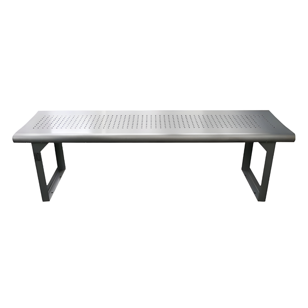 Banca de acero inoxidable Sevilla modelo 804111 sin respaldo, 170 × 51 × 51 cm, asiento perforado con diseño punzonado y estructura para 3 personas, ideal para parques y pasillos exteriores.