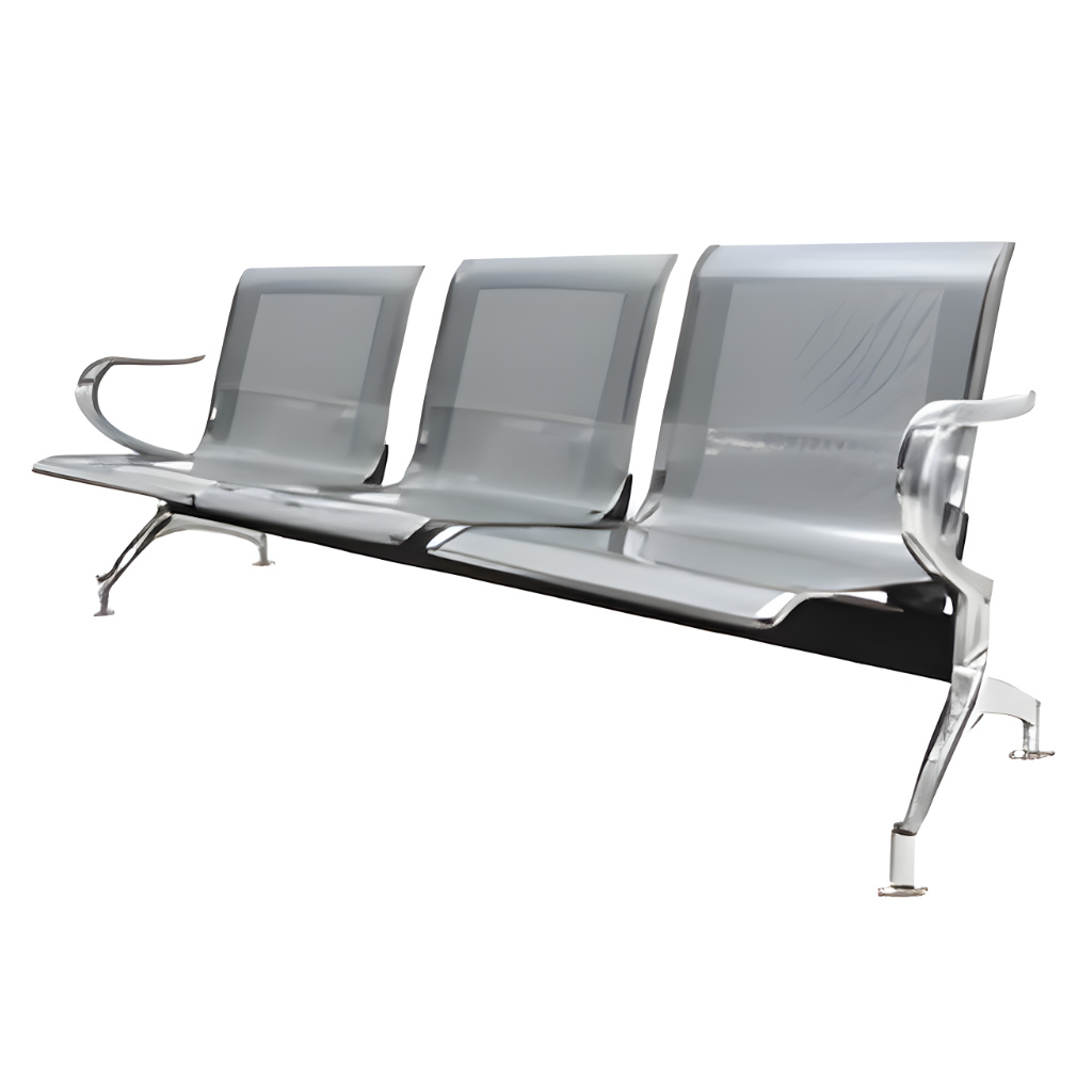 Banca Tokio de 3 plazas modelo 805111 modelo visto de lado, banco metálico para sala de espera con tres asientos de acero cromado, descansabrazos laterales y travesaño negro central de soporte.