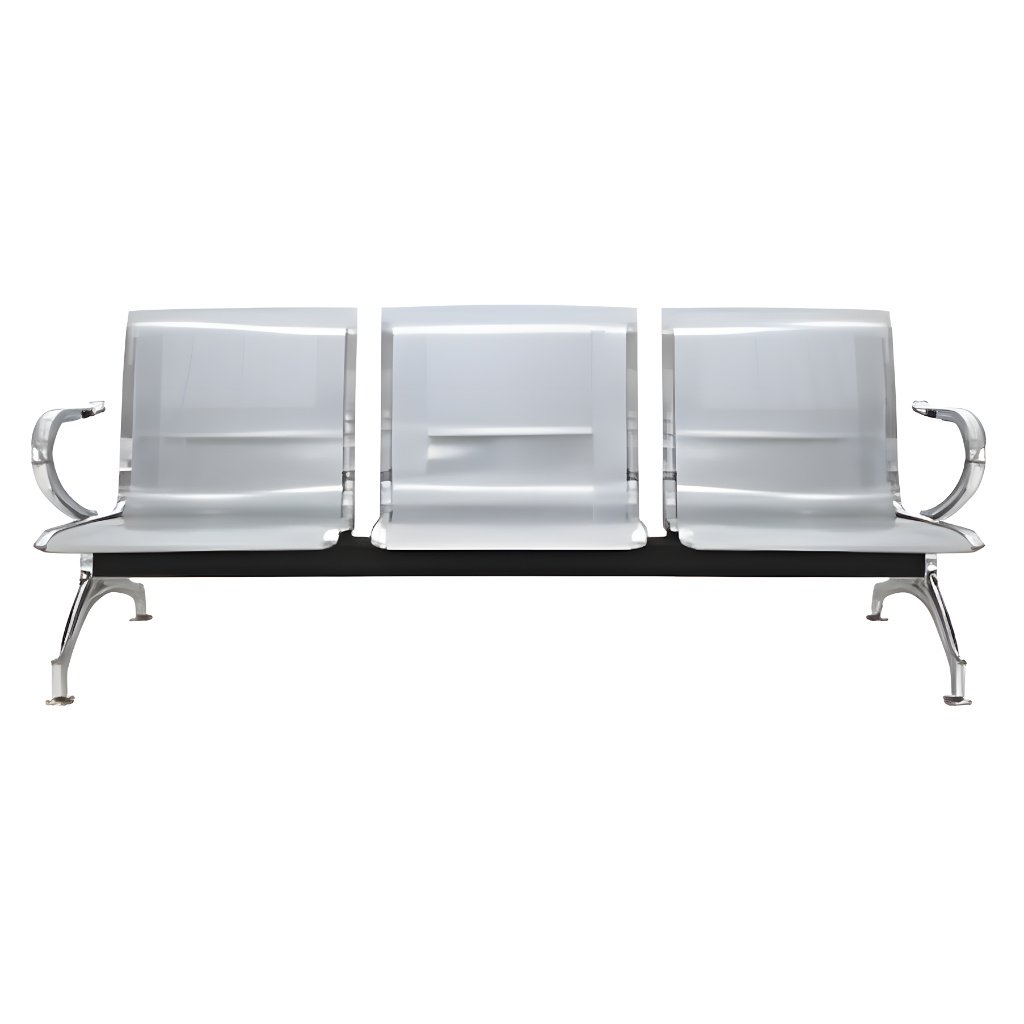 Banca Tokio de 3 plazas modelo 805111, banco metálico para sala de espera con tres asientos de acero cromado, descansabrazos laterales y travesaño negro central de soporte.