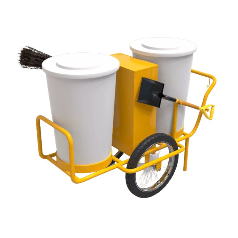 Carro de limpieza con tambo blanco, modelo BAR-300 de E4 Solutions, ideal para recolección de residuos en espacios urbanos y empresariales, México