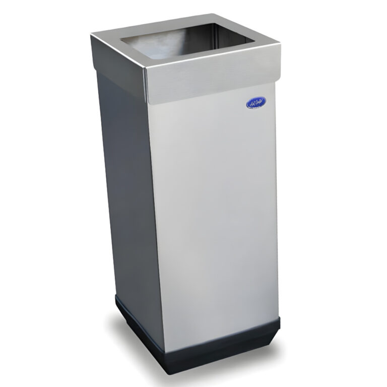 Basurero cubo de acero inoxidable modelo 605011, bote de basura cuadrado de 26 × 26 × 65 cm con tapa lisa desmontable, cinturón interno para sujetar la bolsa de basura y base plástica de alta resistencia para proteger el piso.