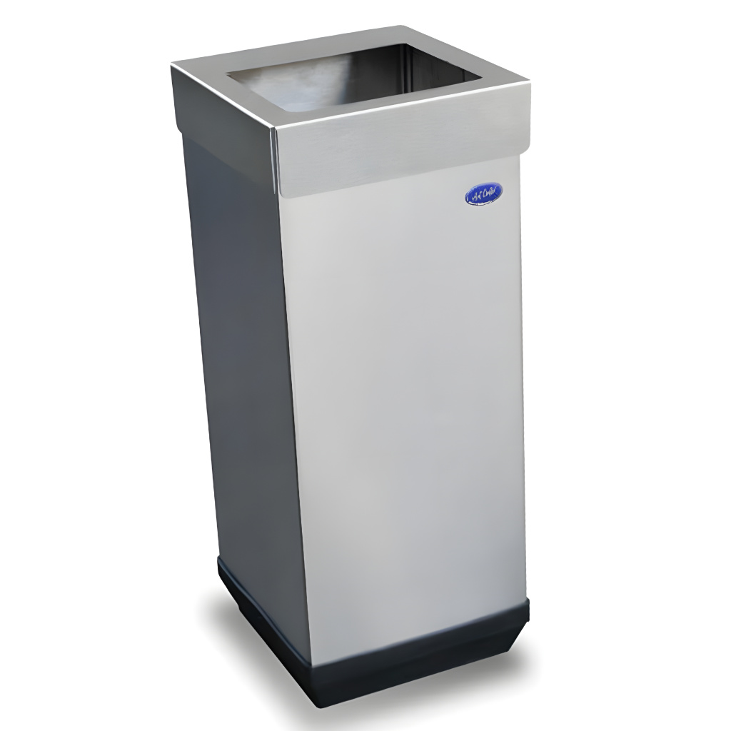 Basurero cubo de acero inoxidable modelo 605011, bote de basura cuadrado de 26 × 26 × 65 cm con tapa lisa desmontable, cinturón interno para sujetar la bolsa de basura y base plástica de alta resistencia para proteger el piso.