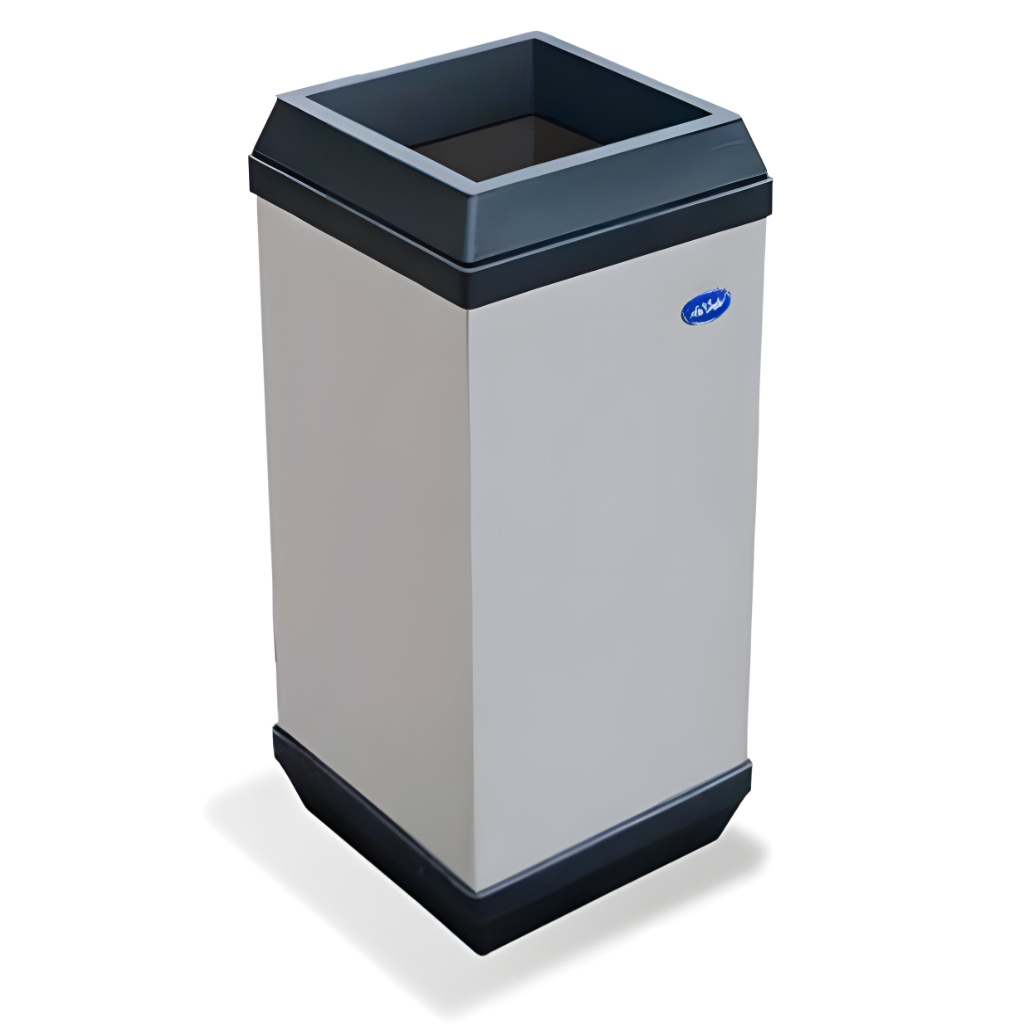 Basurero cubo aro de 30 litros modelo 638111, bote de basura cuadrado de acero inoxidable pulido con tapa aro plástica desmontable, cinturón interno para ocultar la bolsa y base de plástico resistente para uso en interiores.