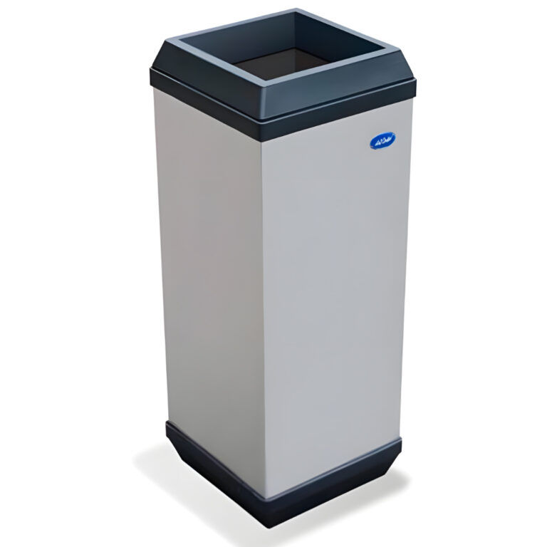 Basurero cubo aro de 45 litros modelo 638211, contenedor cuadrado alto de acero inoxidable pulido con tapa superior abierta de plástico de alta resistencia, cinturón interno para sujetar la bolsa y base plástica que evita rayones en el piso.