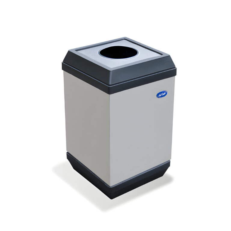 Bote de basura cubo perforada de 24 litros modelo 639011, contenedor cuadrado de acero inoxidable pulido de 26 × 26 × 39 cm con tapa metálica desmontable y perforación circular central, fondo plástico y cinturón interno para sujetar la bolsa.