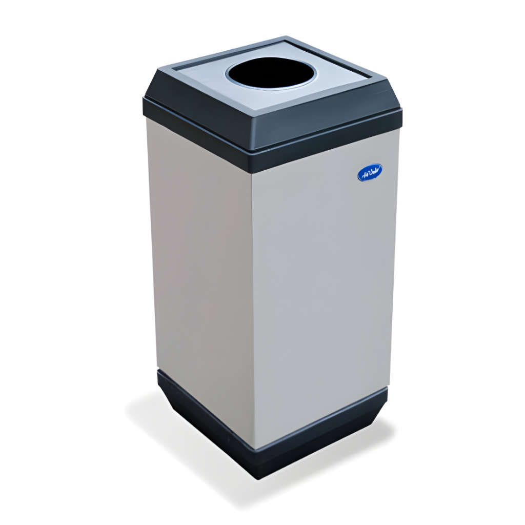 Basurero cubo perforada de 30 litros modelo 639111, contenedor cuadrado de acero inoxidable pulido de 26 × 26 × 51 cm con tapa superior metálica perforada, cinturón interno para sujetar la bolsa y base plástica que protege el piso.