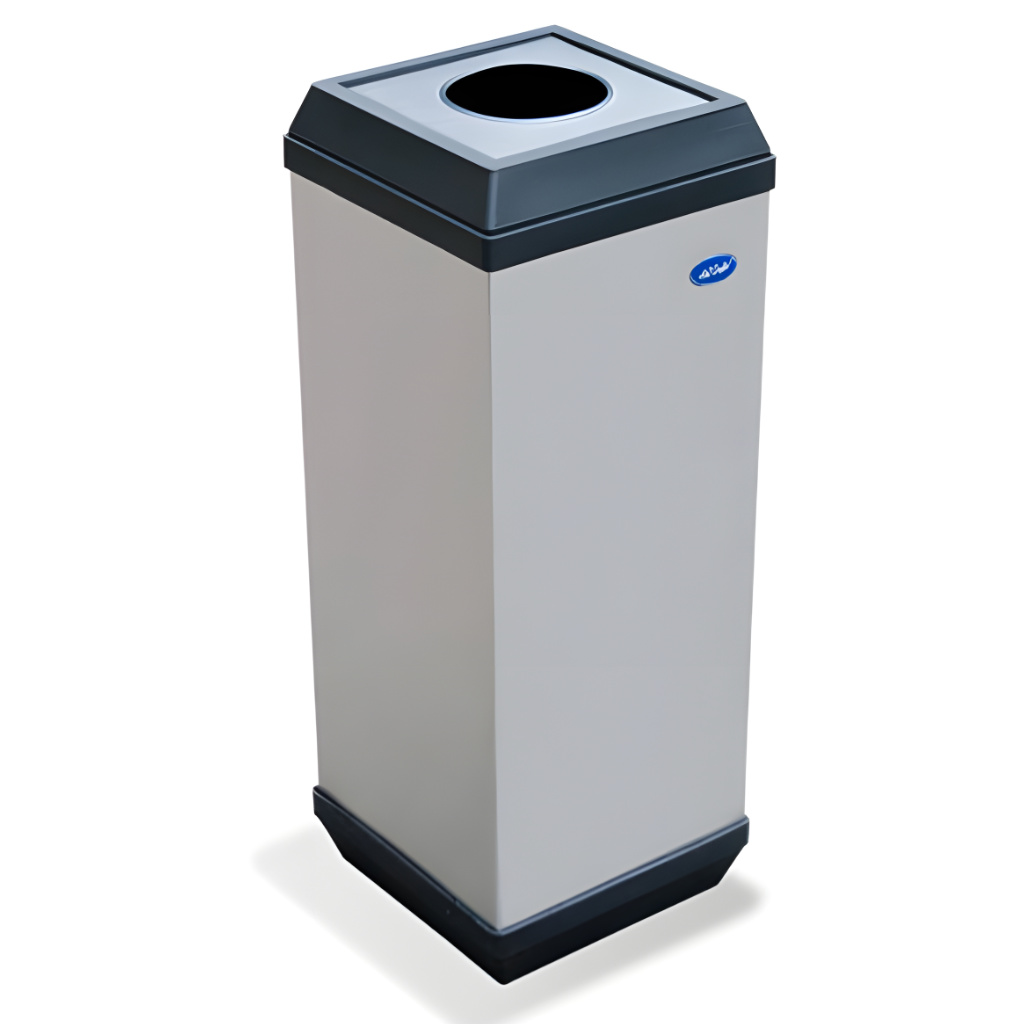 Basurero cubo perforada de 45 litros modelo 639211, bote de basura cuadrado de acero inoxidable pulido de 26 × 26 × 70 cm con tapa metálica desmontable perforada, cinturón interno para sujetar la bolsa y base plástica para uso en interiores de alto tránsito.