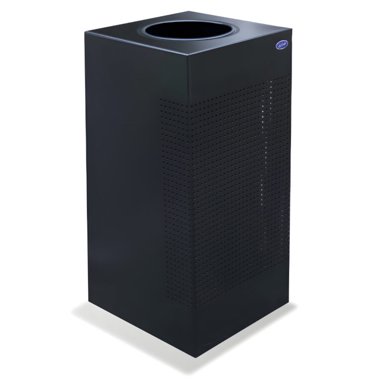 Basurero cubo punzonado negro modelo 637023, contenedor cuadrado de acero con pintura electrostática color negro de 37.5 × 37.5 × 79 cm y 111 litros, cuerpo perforado ventilado, tapa abisagrada con abertura circular y cinturón interno para sujetar la bolsa.
