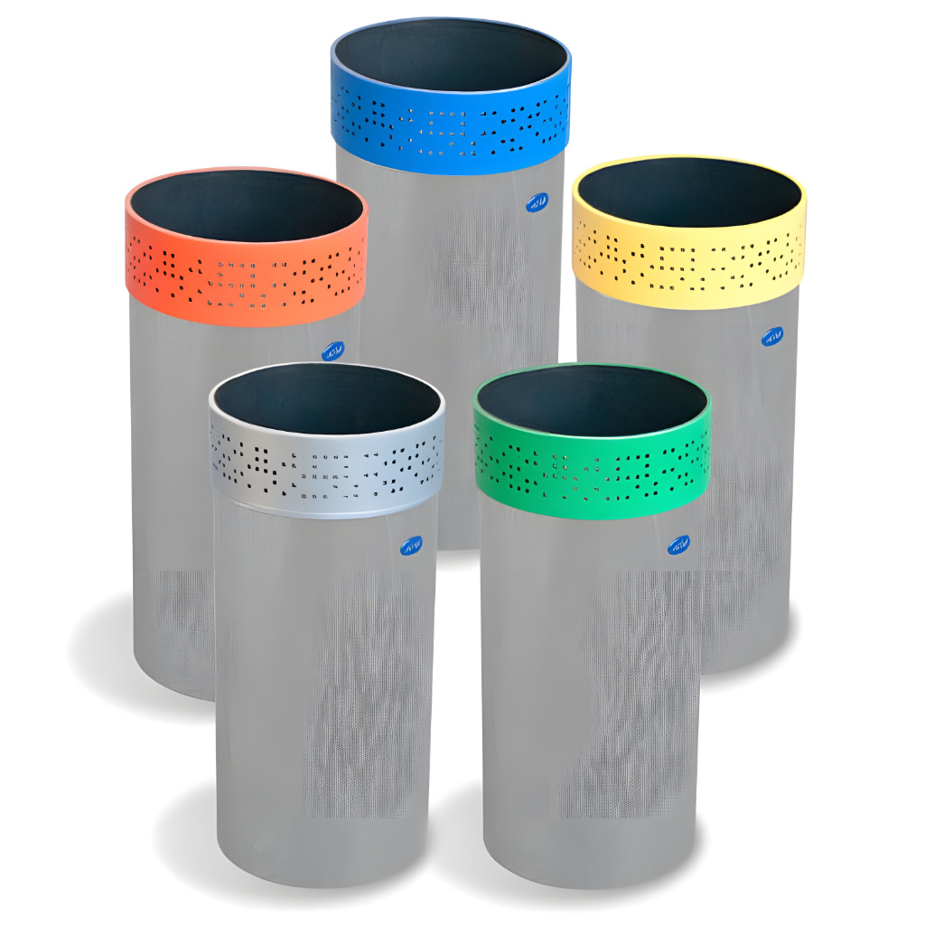 Basureros ecológicos cilíndricos de acero inoxidable con aro perforado de colores para identificación de residuos, modelo SKU 665112.