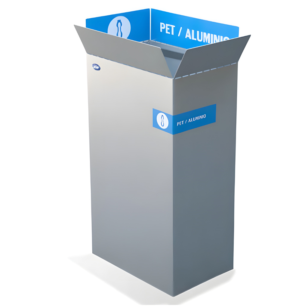 Basurero ecológico Box de 117 litros modelo 662224 para residuos inorgánicos reciclables, fabricado en acero inoxidable pulido de 45 x 30 x 87 cm con cinturón interno, gran boca de depósito y rotulación azul-gris para centros de acopio y estaciones de reciclaje.