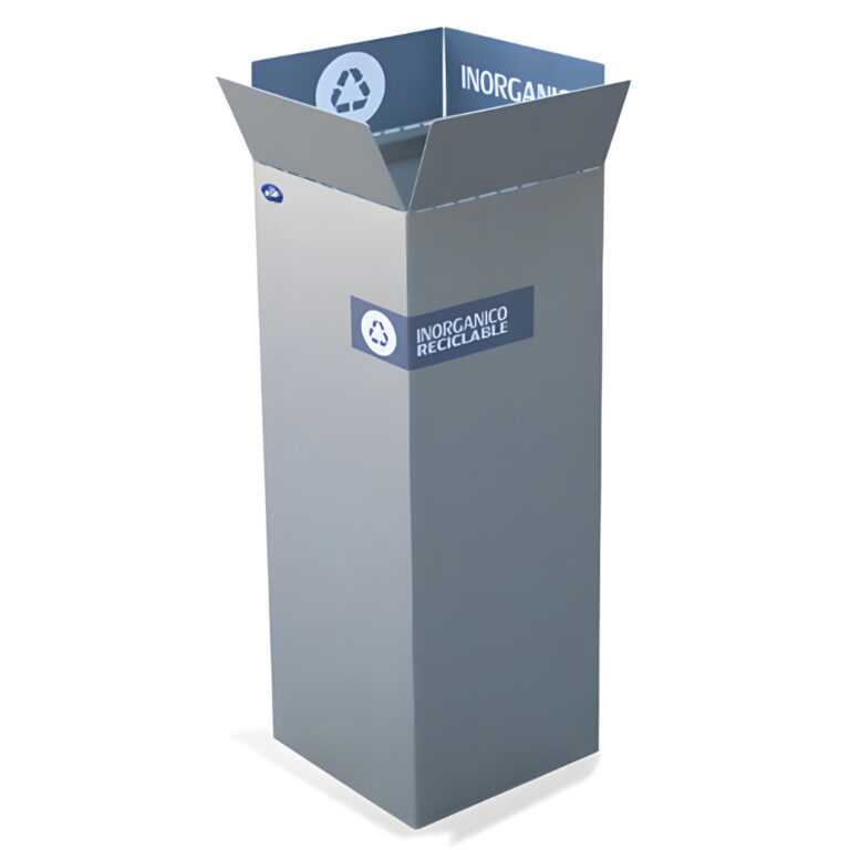 Basurero ecológico Box de 78 litros modelo 662124 para residuos orgánicos, de acero inoxidable pulido con dimensiones 30 x 30 x 87 cm, cinturón interno sujeta-bolsa y señalización verde orgánico para estaciones de reciclaje en empresas y comedores.