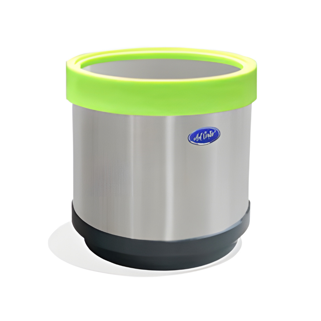 Basurero ecológico cilíndrico modelo 651011 de 20 litros en acero inoxidable pulido, dimensiones 29 × 29 × 33 cm, con tapa balancín metálica, aro verde para reciclaje y cinturón interno que sujeta y oculta la bolsa, recomendado para interiores.