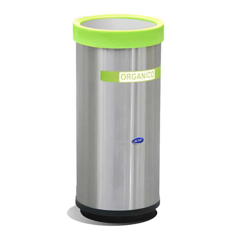 Basurero ecológico cilíndrico modelo 651111 de 40 litros en acero inoxidable con tapa balancín y aro verde identificado como orgánico, medidas 29 × 29 × 61 cm, cinturón interior sujeta‑bolsa y base plástica negra para uso interior.