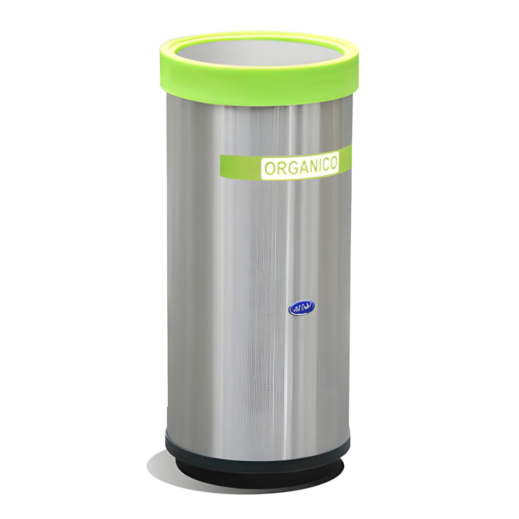 Basurero ecológico cilíndrico modelo 651111 de 40 litros en acero inoxidable con tapa balancín y aro verde identificado como orgánico, medidas 29 × 29 × 61 cm, cinturón interior sujeta‑bolsa y base plástica negra para uso interior.