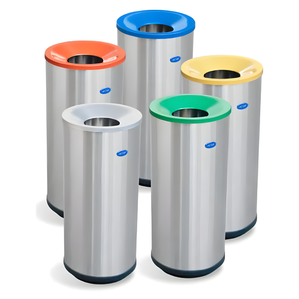 Basureros ecológicos cónicos de acero inoxidable con tapa de aro abierta en varios colores para separación de residuos, modelo SKU 664111.