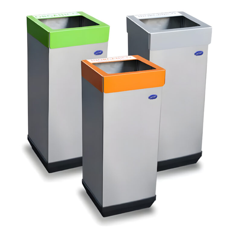 Basurero ecológico cubo de acero inoxidable pulido con tapas de colores para separación de residuos orgánicos, inorgánicos reciclables e inorgánicos no reciclables, capacidad 40 litros, SKU 654011.