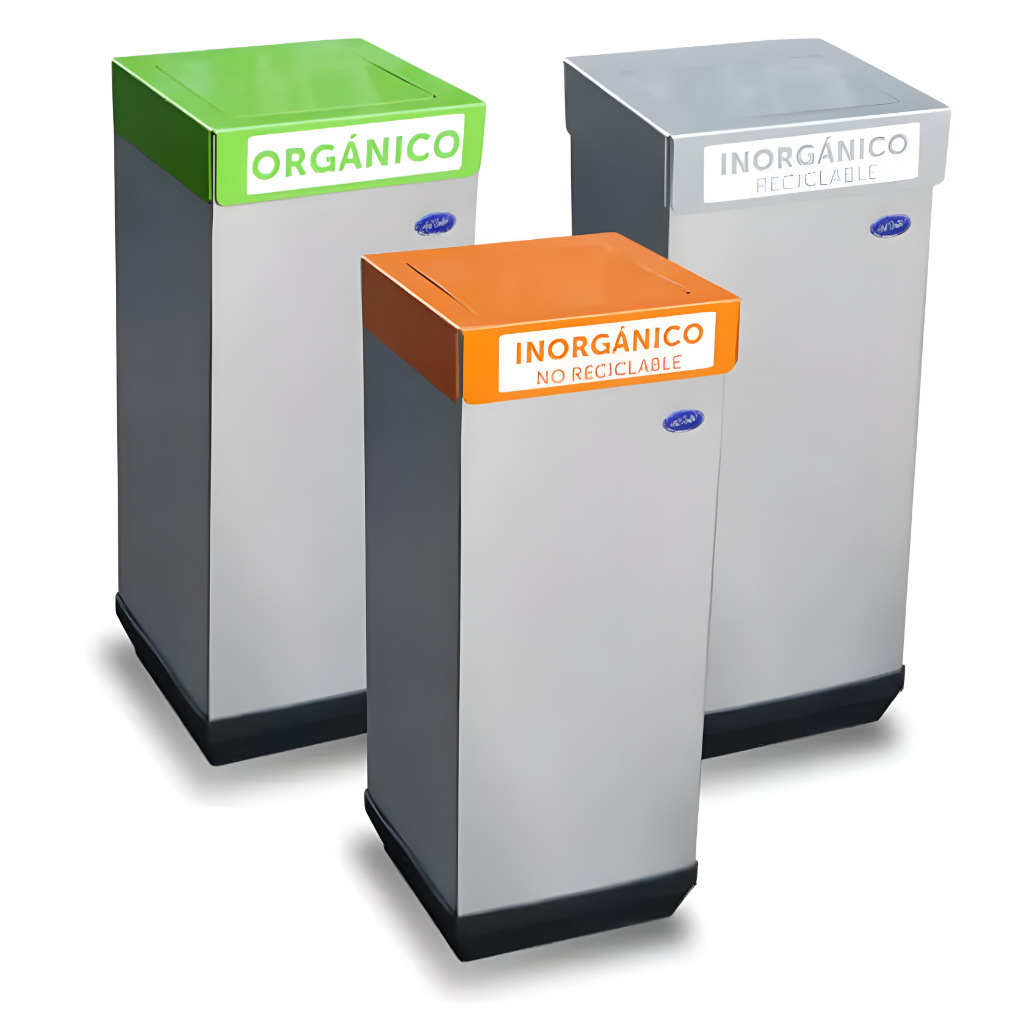 Basurero ecológico cubo balancín de acero inoxidable pulido con tapas verde, naranja y gris para orgánico, inorgánico reciclable e inorgánico no reciclable, capacidad 40 litros, SKU 655011.