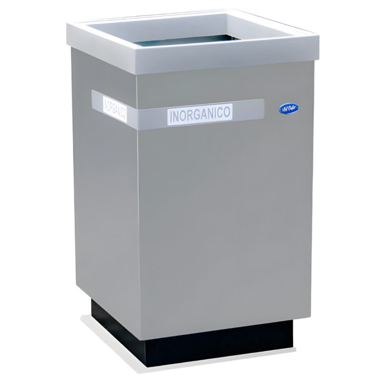 Basurero ecológico cubo grande de acero inoxidable inorgánico SKU 660011 con aro gris, base negra y capacidad de 110 litros para reciclaje en interiores.