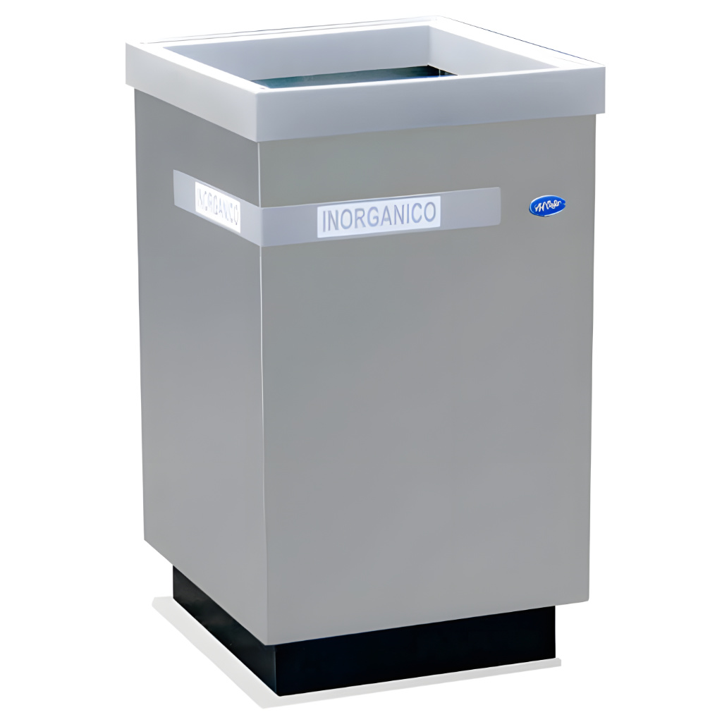 Basurero ecológico cubo grande de acero inoxidable inorgánico SKU 660011 con aro gris, base negra y capacidad de 110 litros para reciclaje en interiores.