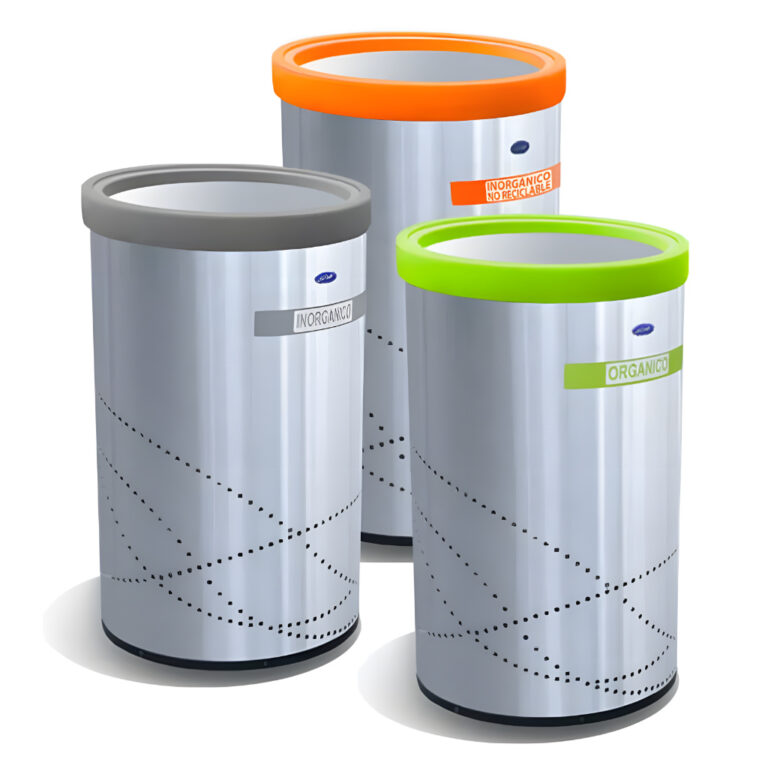 Basurero ecológico jumbo cilíndrico modelo 651211 de 150 litros en acero inoxidable pulido, dimensiones 49 × 49 × 80 cm, con tapa aro balancín, diseño perforado, cinturón interior para bolsa oculta y base plástica rígida, ideal como contenedor principal de reciclaje en interiores.