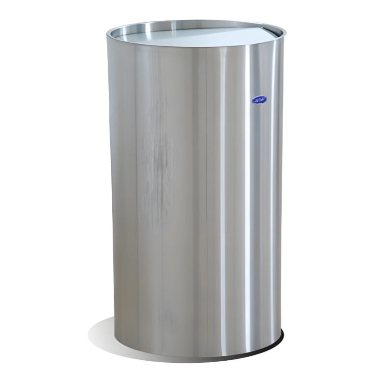 Bote de acero inoxidable balancín de 110 litros modelo 625311, contenedor cilíndrico de gran capacidad con tapa oscilante, cinturón interno para bolsa y fondo plástico rígido, diseñado para centros comerciales, hospitales y universidades.