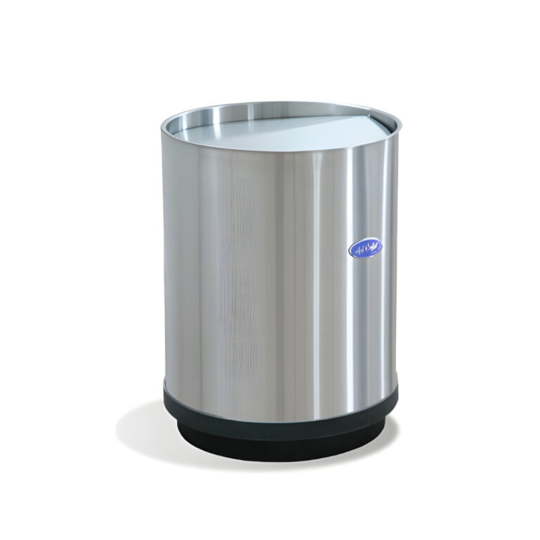Bote de acero inoxidable balancín de 13 litros modelo 625011, contenedor cilíndrico pulido con tapa oscilante tipo balancín, cinturón interno para sujetar la bolsa y base plástica que protege el piso en oficinas y baños.