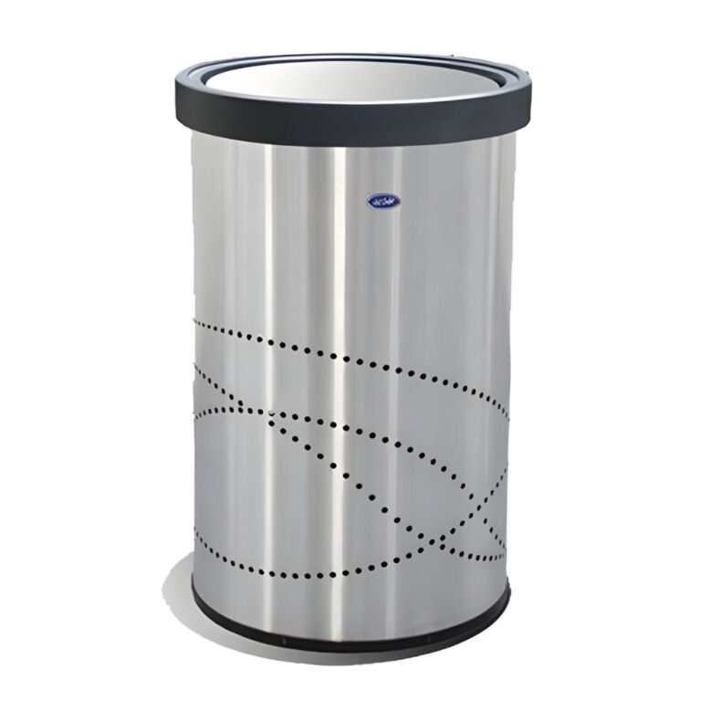 Bote de basura cilíndrico balancín jumbo de 150 litros modelo 601311, contenedor de acero inoxidable pulido con tapa balancín y diseño decorativo perforado, base reforzada y gran capacidad para interiores.