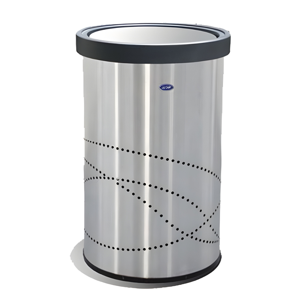 Bote de basura cilíndrico balancín jumbo de 150 litros modelo 601311, contenedor de acero inoxidable pulido con tapa balancín y diseño decorativo perforado, base reforzada y gran capacidad para interiores.