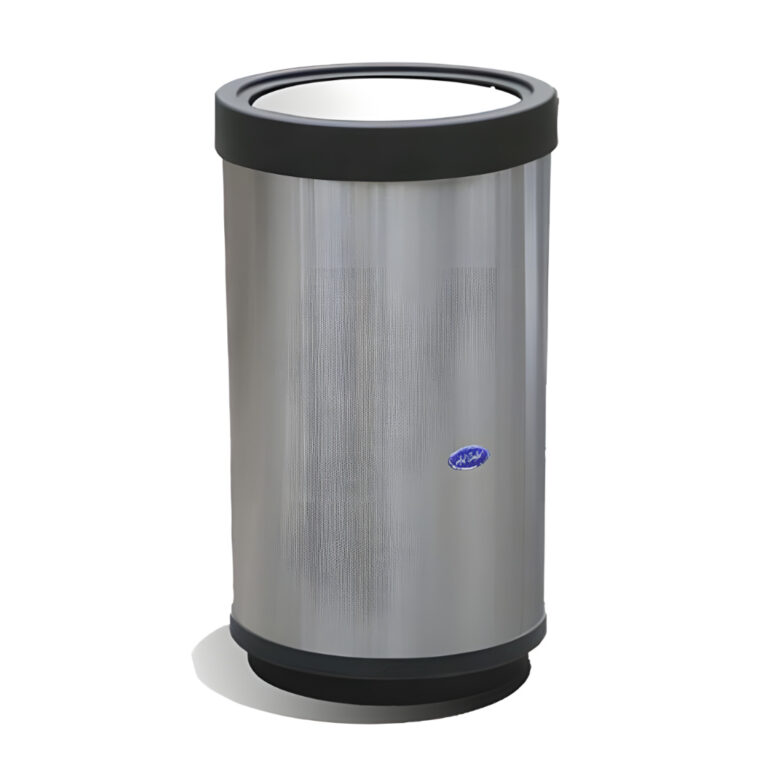 Bote de basura cilíndrico balancín de 84 litros modelo 601211, fabricado en acero inoxidable pulido con tapa balancín metálica y base plástica negra, ideal para hospitales, oficinas y áreas públicas de alto tránsito.