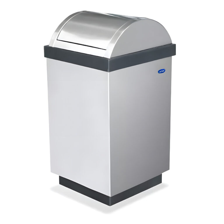 Bote de basura cubo de acero inoxidable pulido modelo 603011, contenedor cuadrado de 38 × 38 × 82 cm y 110 litros con tapa pirámide tipo balancín, cinturón interno para sujetar la bolsa y base negra de alta resistencia para uso en oficinas y centros comerciales.