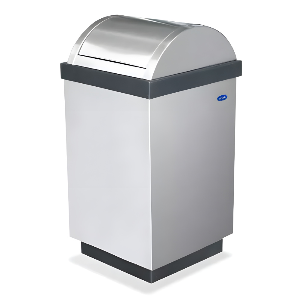 Bote de basura cubo de acero inoxidable pulido modelo 603011, contenedor cuadrado de 38 × 38 × 82 cm y 110 litros con tapa pirámide tipo balancín, cinturón interno para sujetar la bolsa y base negra de alta resistencia para uso en oficinas y centros comerciales.