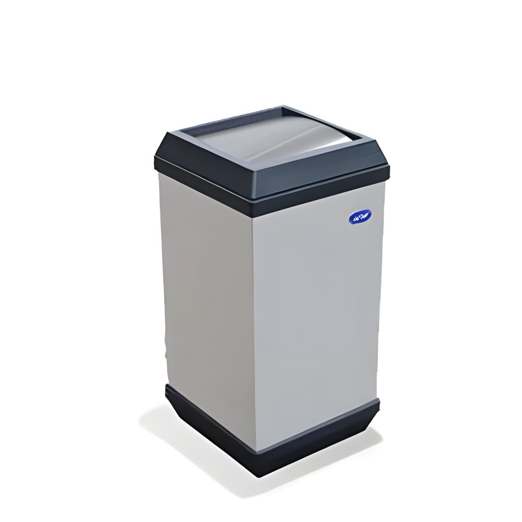 Bote de basura cubo balancín de 24 litros modelo 640011, contenedor cuadrado de acero inoxidable pulido de 26 × 26 × 39 cm con tapa basculante frontal, cinturón interno para sujetar la bolsa y base de plástico para uso en interiores.