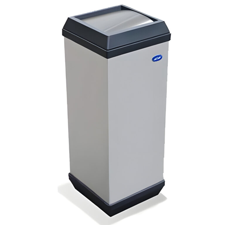 Basurero cubo balancín de 45 litros modelo 640211, contenedor cuadrado de acero inoxidable pulido de 26 × 26 × 70 cm con tapa tipo balancín inclinada, cinturón interno para sujetar la bolsa y fondo plástico de alta resistencia para interiores de alto tránsito.