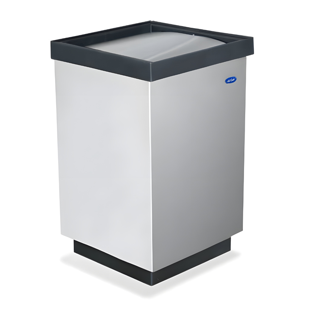 Bote de basura cubo balancín de acero inoxidable modelo 604011, contenedor cuadrado de 38 × 38 × 82 cm y 110 litros con tapa tipo balancín, cinturón interno para la bolsa y base negra para uso interior.