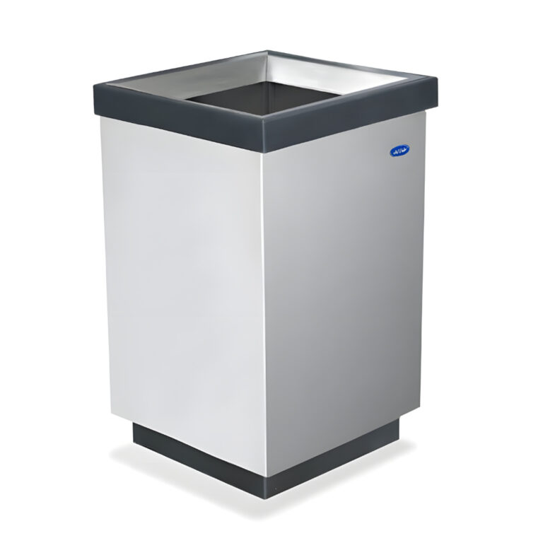 Bote de basura cubo cónico modelo 633011, contenedor cuadrado de acero inoxidable pulido de 38 × 38 × 68 cm y 110 litros con gran abertura superior, cinturón interno para sujetar la bolsa y base negra de alta resistencia.