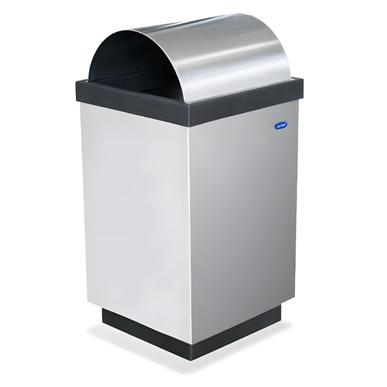 Bote de basura cubo grande de acero inoxidable modelo 634011, contenedor cuadrado de 38 × 38 × 82 cm y 110 litros con tapa abombada de doble apertura lateral, cinturón interno para bolsa y base negra para áreas interiores.