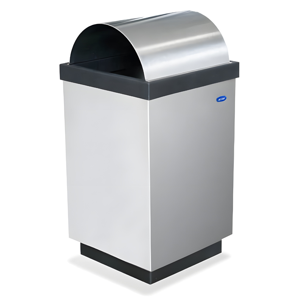 Bote de basura cubo grande de acero inoxidable modelo 634011, contenedor cuadrado de 38 × 38 × 82 cm y 110 litros con tapa abombada de doble apertura lateral, cinturón interno para bolsa y base negra para áreas interiores.