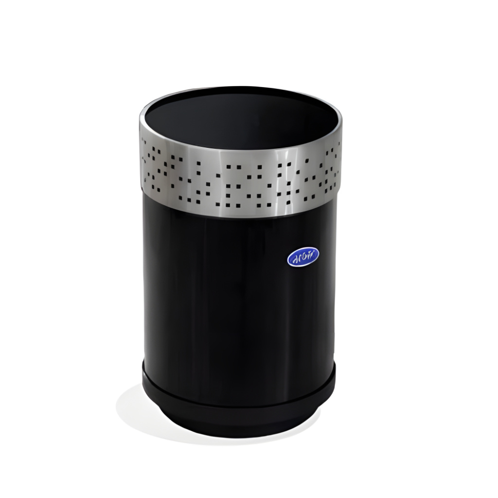 Bote de basura cilíndrico negro de 20 litros modelo 607023, con aro punzonado de acero inoxidable pulido, base plástica resistente y tapa desmontable que sujeta la bolsa, ideal como cesto decorativo para oficina y baño.
