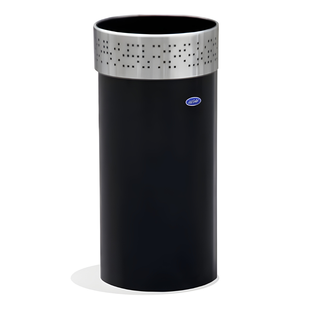 Basurero cilíndrico negro de 38 litros modelo 607123, con aro punzonado de acero inoxidable pulido, cuerpo metálico alto de 29 cm de diámetro por 63 cm de alto y base plástica antirayaduras, pensado para áreas de alto flujo en oficinas, recepciones y pasillos.