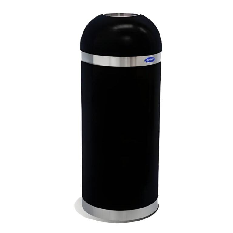 Bote de basura tipo bala negro modelo 630023 de 50 litros, fabricado en acero con cuerpo color negro y aros decorativos de acero inoxidable, tapa superior con perforación redonda y bote interior removible de 35 × 88 cm para uso en interiores.