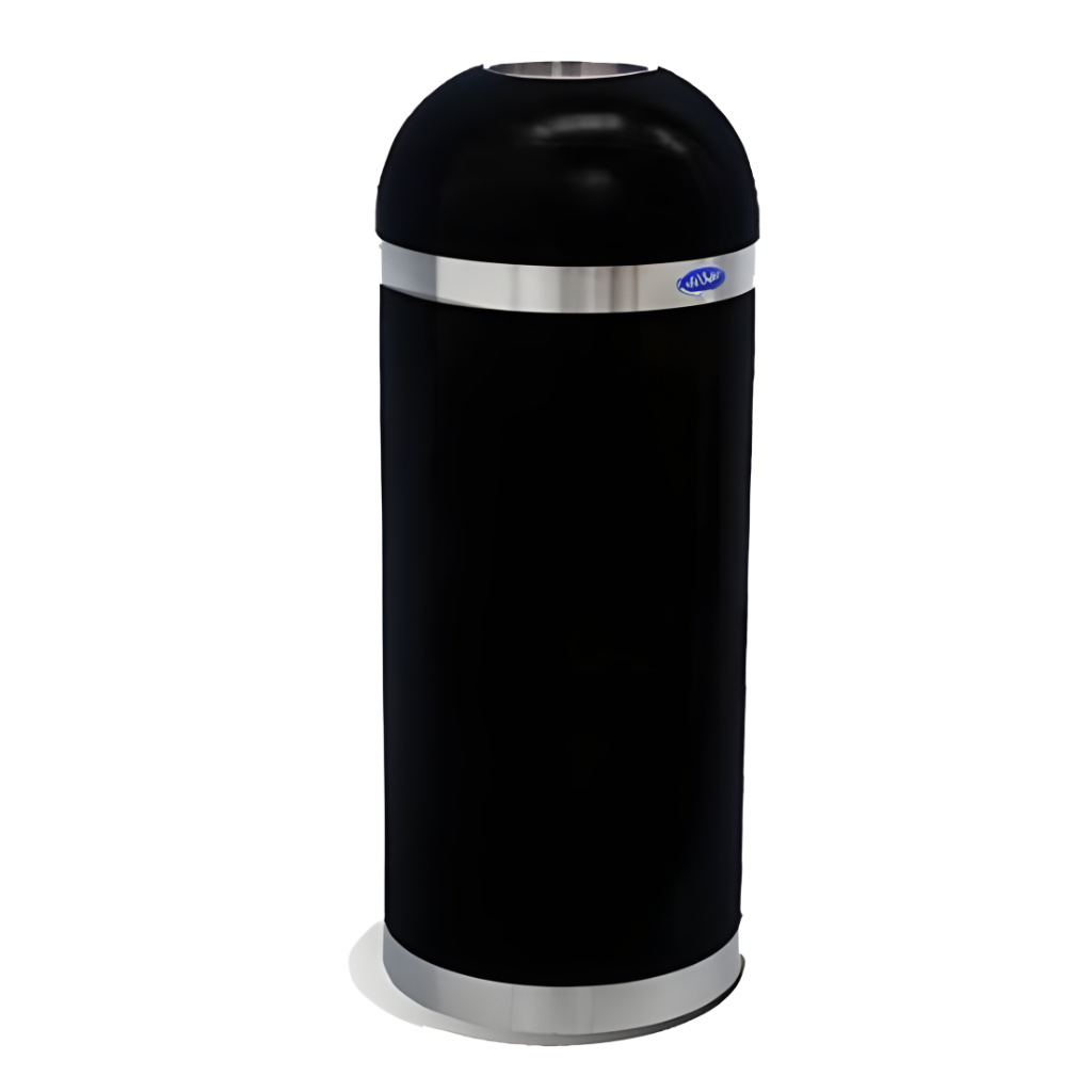 Bote de basura tipo bala negro modelo 630023 de 50 litros, fabricado en acero con cuerpo color negro y aros decorativos de acero inoxidable, tapa superior con perforación redonda y bote interior removible de 35 × 88 cm para uso en interiores.