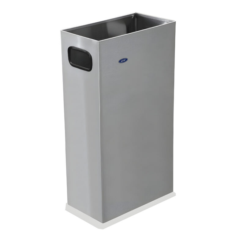 Bote de basura cajero modelo 508111 de 31 litros en acero inoxidable pulido, diseño rectangular delgado de 30 × 18 × 59 cm con entrada superior y agarraderas laterales negras para uso en cajeros automáticos y zonas de tránsito.