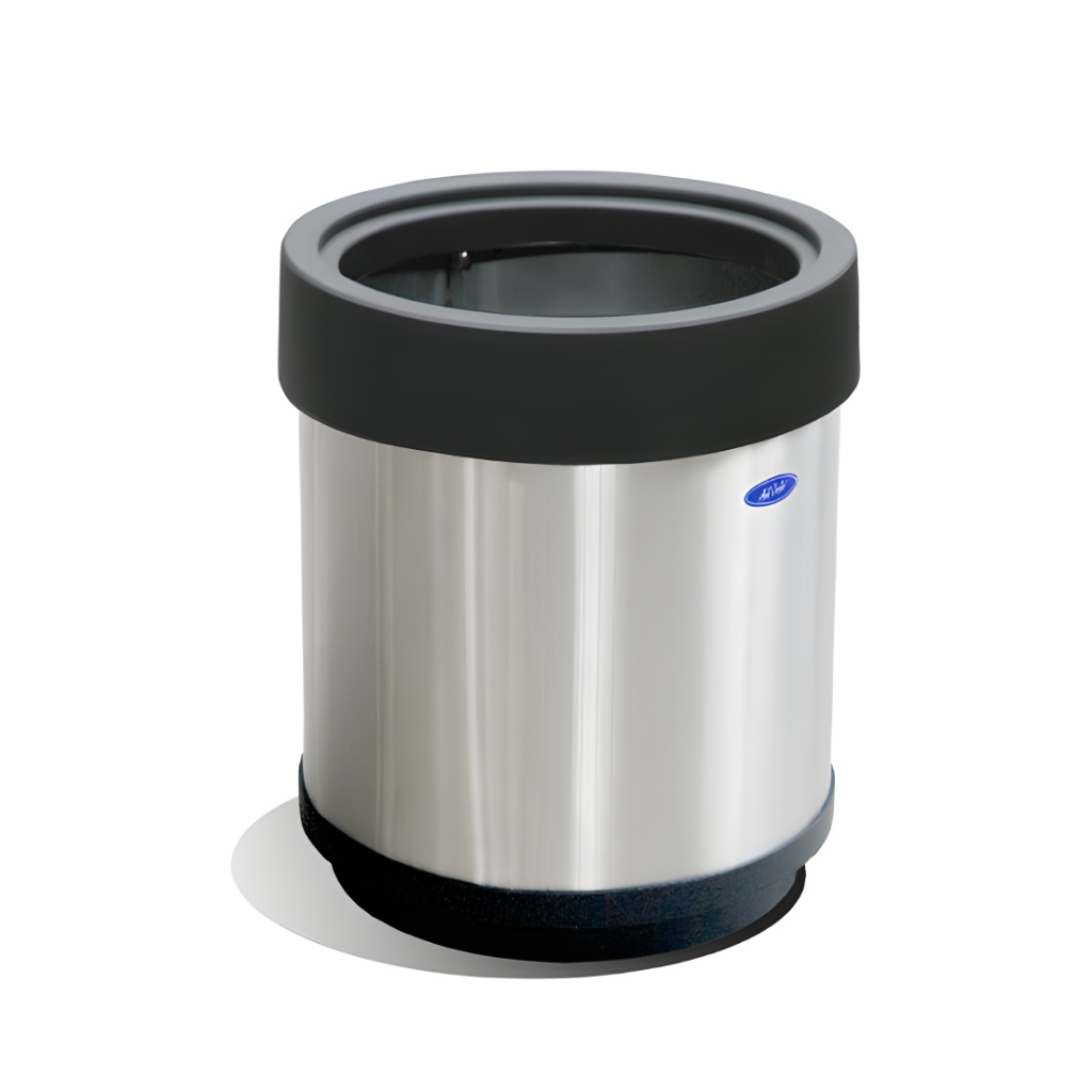 Bote de basura cilíndrico aro de 20 litros modelo 623011, fabricado en acero inoxidable pulido con tapa tipo aro de plástico negro y cinturón interior para sujetar la bolsa, ideal para oficinas y baños de uso ligero.