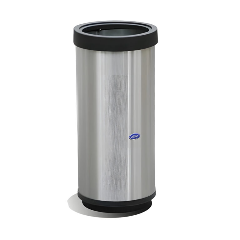 Bote de basura cilíndrico aro de 40 litros modelo 623111, en acero inoxidable pulido con tapa aro plástica y base negra, contenedor abierto para acopio de residuos en oficinas, comercios y áreas de recepción.