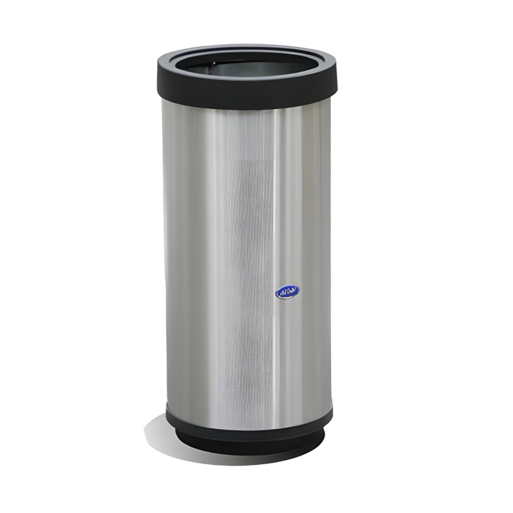 Bote de basura cilíndrico aro de 40 litros modelo 623111, en acero inoxidable pulido con tapa aro plástica y base negra, contenedor abierto para acopio de residuos en oficinas, comercios y áreas de recepción.
