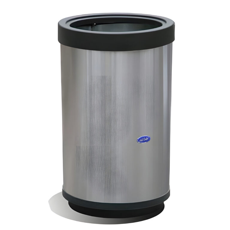 Bote de basura cilíndrico aro de 84 litros modelo 623311, contenedor jumbo de acero inoxidable pulido con tapa tipo aro y base plástica reforzada, diseñado para recolección de grandes volúmenes de residuos en interiores.